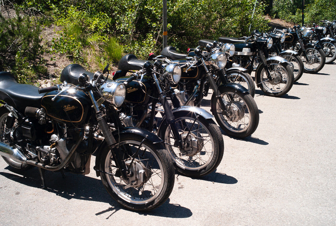 Velocettes lined up at the 1,000 Mile Rally